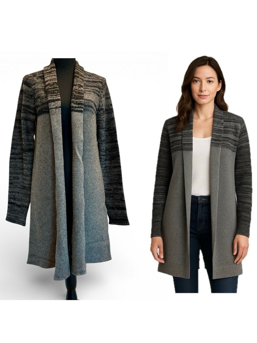 TAHARI Heathered gray wool/Yak open front cardigan sweater Sz L